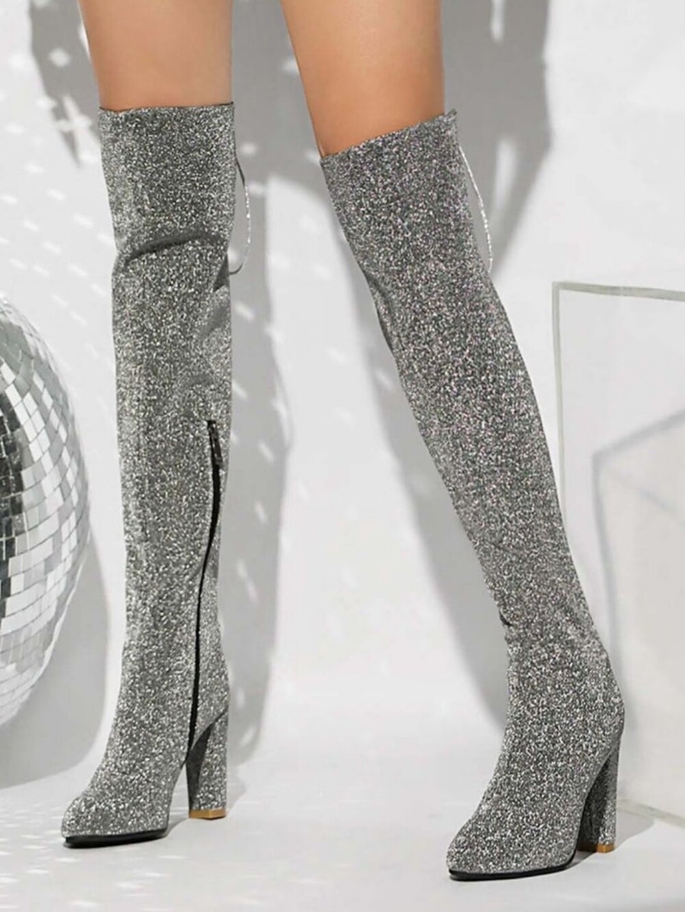 Silver Gray Soft Glitter Sparkly Thigh High Boots